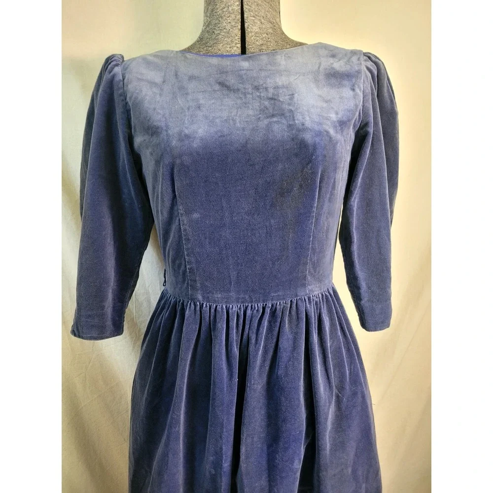 Vintage 40s‎ 50s Dusty Blue Velvet Midi Dress 3/4 Sleeve Ribbon Waist FLAW XS